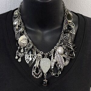 Handmade Charm Junk Charm Necklace Silvertone Black Statement 18" to 21.5"